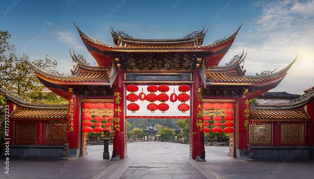 Festive Chinese Gate Red Lanterns Asian Architecture Temple Entrance Travel Festive Chinese Gate Red Lanterns Asian Architecture Temple Entrance Travel