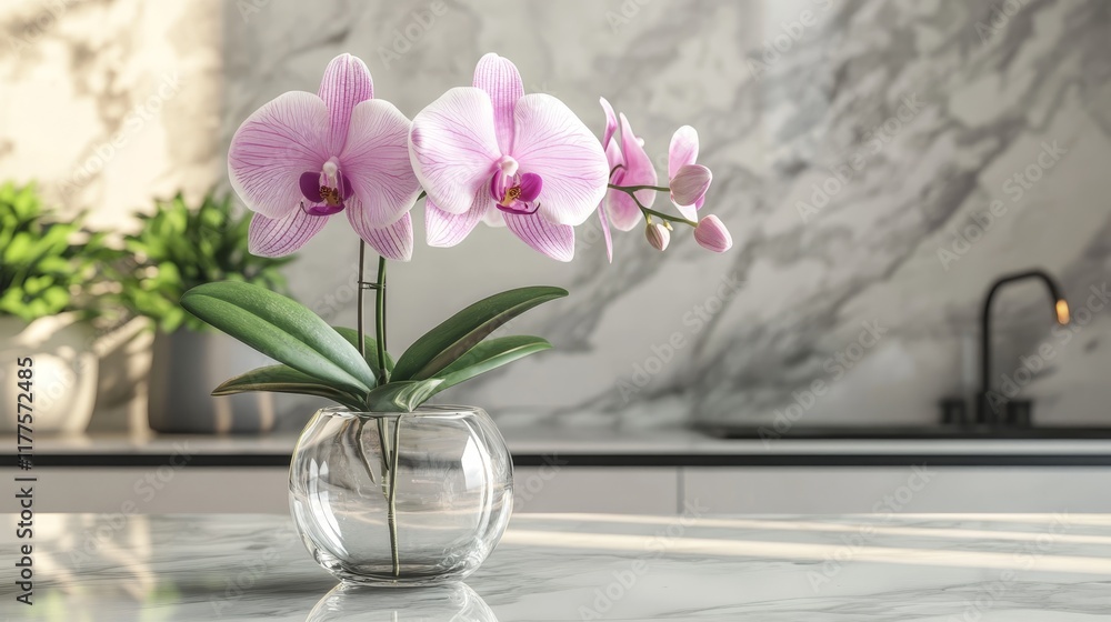 Fototapeta premium A beautiful orchid in a glass vase on a marble countertop, enhancing the decor.