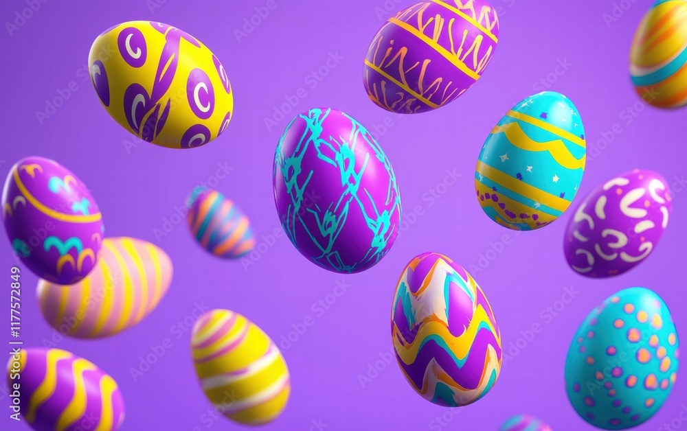 Hand-drawn Easter eggs in bold colors hovering mid-air on a neon lavender background Hand-drawn Easter eggs in bold colors hovering mid-air on a neon lavender background