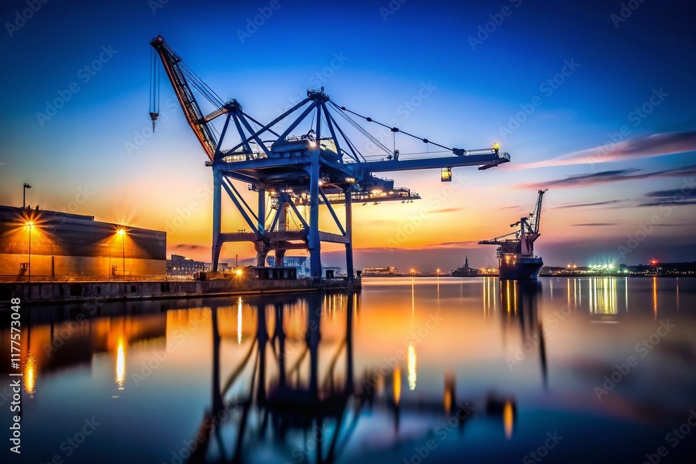 Minimalist Evening Harbor: Giant Crane Silhouette Against City Lights Minimalist Evening Harbor: Giant Crane Silhouette Against City Lights