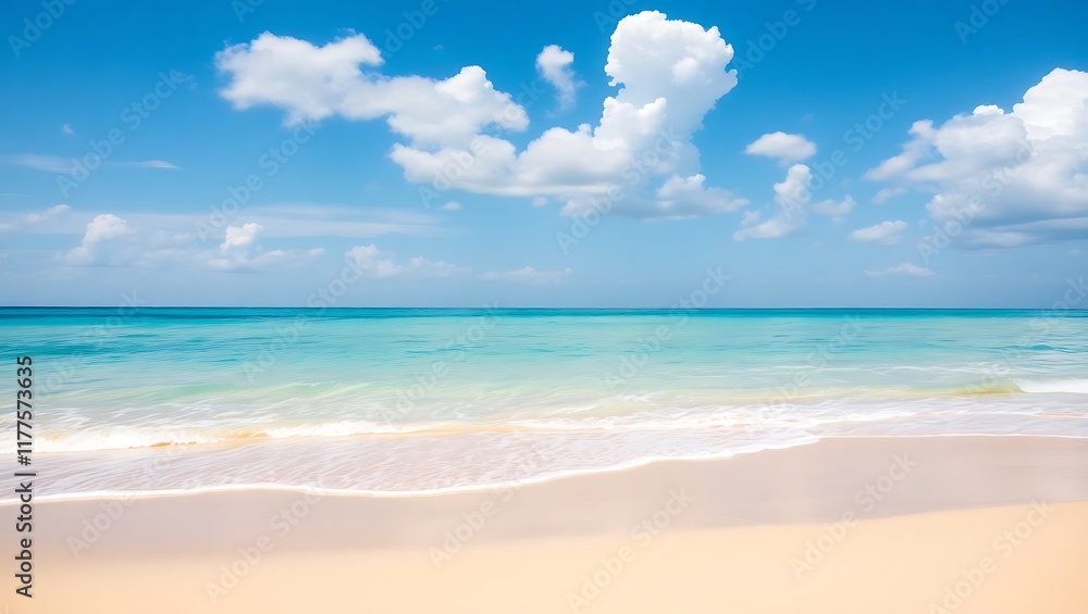 Fototapeta premium Serene Coastal Scene: Tranquil Beach, Turquoise Waters, Fluffy Clouds