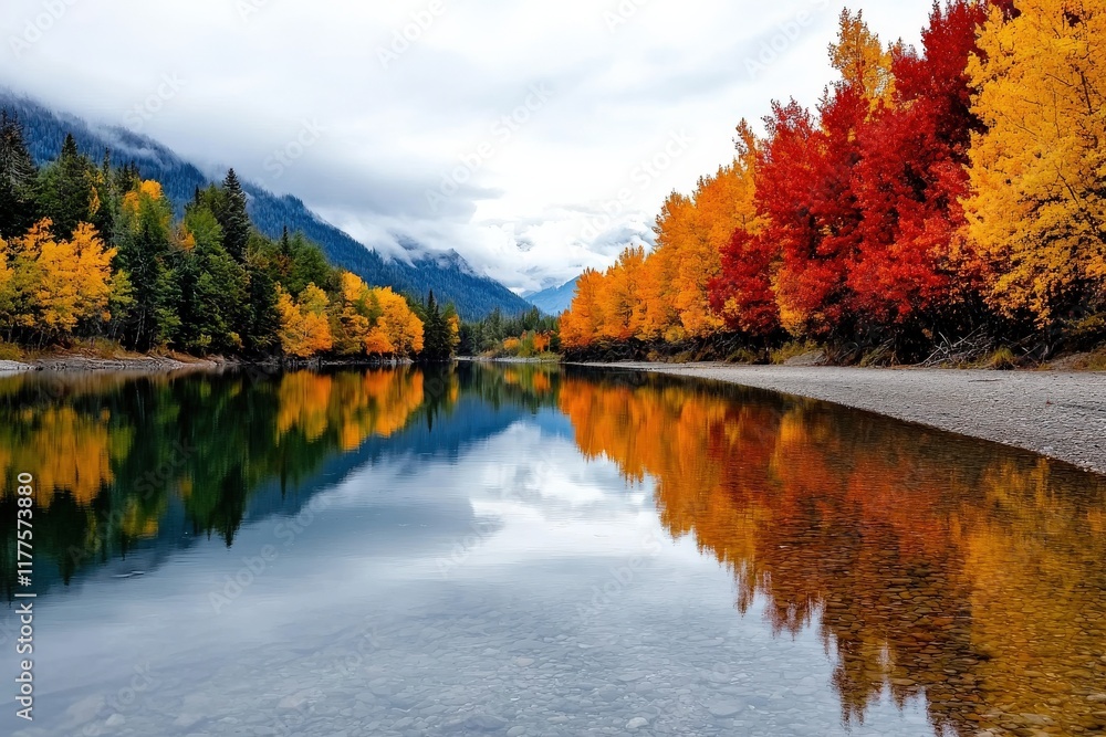 Obraz premium A tranquil river reflecting the vibrant autumn foliage of the surrounding forest