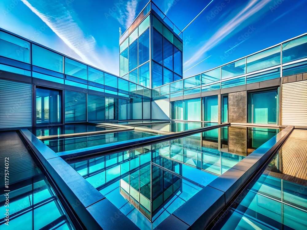 Fototapeta premium Minimalist Glass Rooftop Architecture Reflecting Blue Sky - Double Exposure Stock Photo