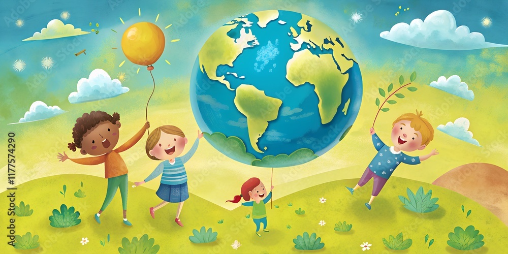 Naklejka premium Children joyfully holding balloons and embracing the beauty of the earth in a vibrant, colorful landscape full of life and happiness