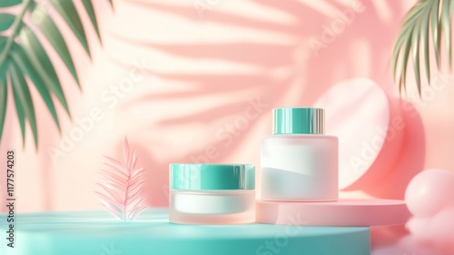 An Elegant cosmetic jars on pastel background with tropical leaves and soft shadows