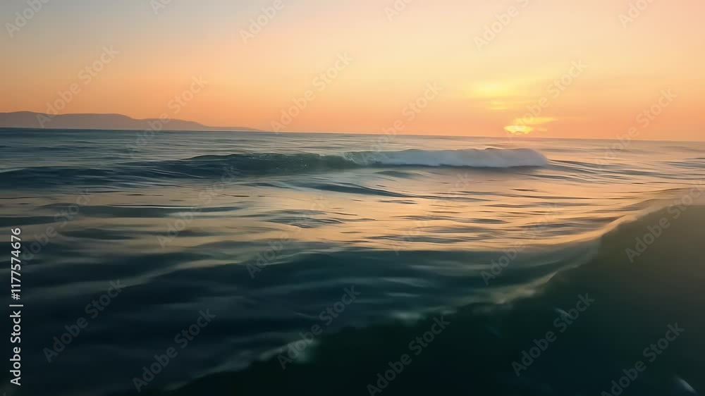 Ocean waves at sunset, viewed from the water. The sun is setting over the horizon, casting a warm golden glow on the water. The waves are gently rolling, creating a peaceful and serene atmosphere.