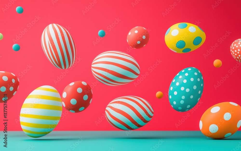 Levitating Easter eggs in bold spring colors with polka dots and stripes, set against a magenta background Levitating Easter eggs in bold spring colors with polka dots and stripes, set against a magenta background