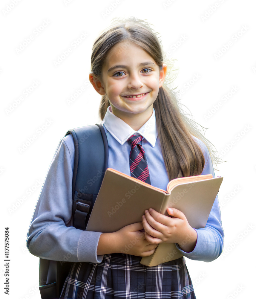 Smiling schoolgirl holding a book outdoors in school uniform. Cut out Smiling schoolgirl holding a book outdoors in school uniform. Cut out