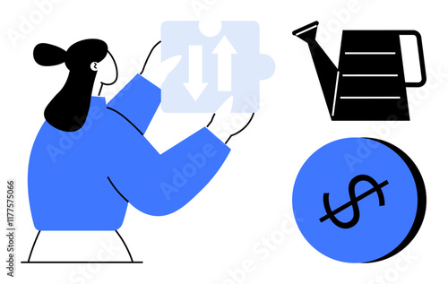 Person holding puzzle piece with arrows, a watering can, and a dollar sign. Ideal for teamwork, growth, financial investment, problem-solving, nurturing, resource management and organizational