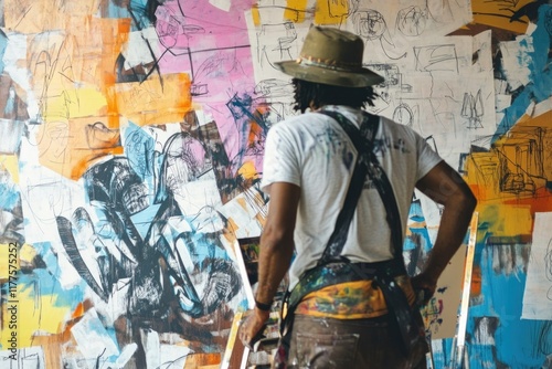 creative artist captured painting mural with vibrant and dynamic background full of unfinished sketches photo