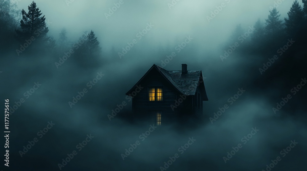 Misty forest cabin at night. Possible stock use Misty forest cabin at night. Possible stock use
