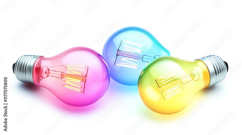 Colorful light bulbs in pink, blue, and yellow against a white isolated background. Colorful light bulbs in pink, blue, and yellow against a white isolated background.