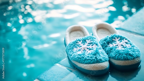 Cozy winter slippers with snowflake trim on pool background photo