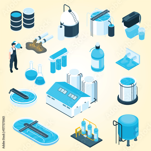 Isometric water purification technology horizontal composition with infographic elements bar charts aqua aeration units and text vector illustration
