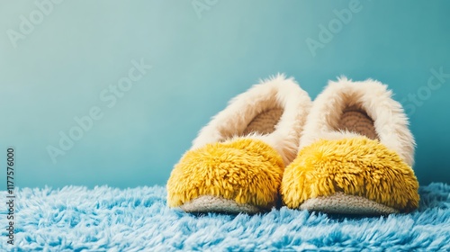 Cozy wool slippers with fur trim on blue background