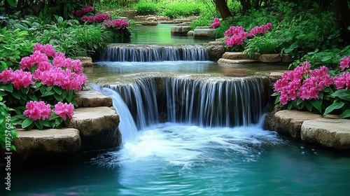 Serene cascading waterfalls in a lush garden with pink flowers.