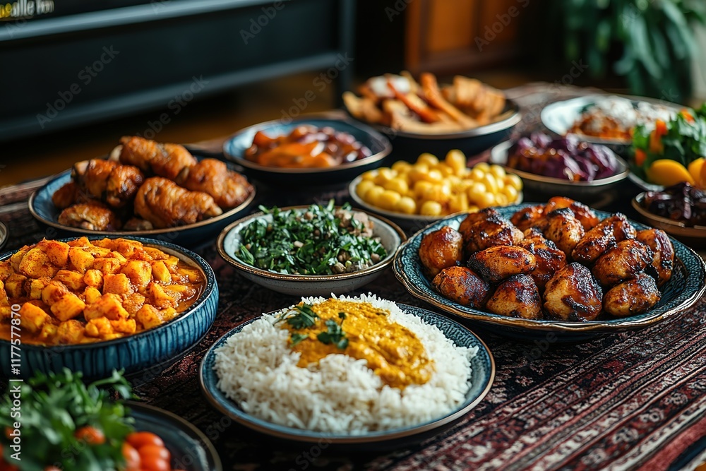 A delicious spread of various dishes, including rice, curry, and roasted meats. Perfect for a family gathering or special occasion. A delicious spread of various dishes, including rice, curry, and roasted meats. Perfect for a family gathering or special occasion.