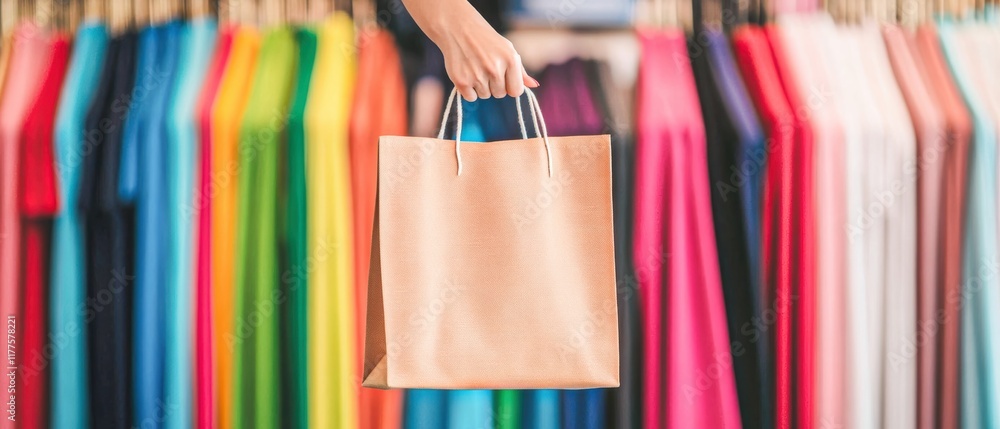 A person is holding a brown shopping bag in front of a rack of colorful shirts A person is holding a brown shopping bag in front of a rack of colorful shirts