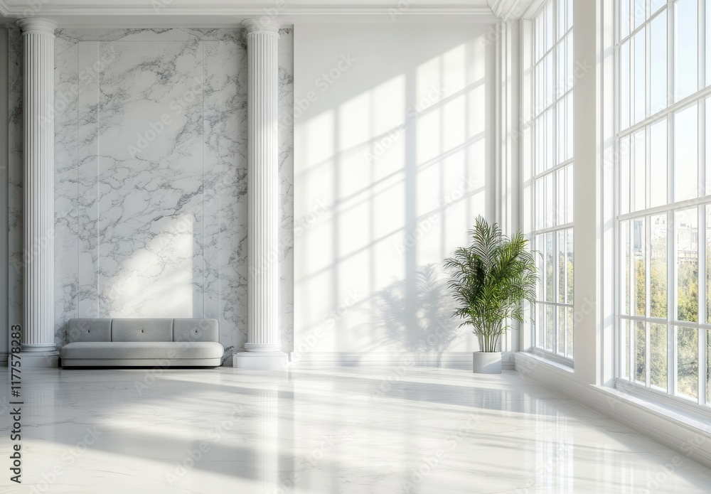 A large, bright white room with high ceilings and columns, a white marble floor, and large windows A large, bright white room with high ceilings and columns, a white marble floor, and large windows