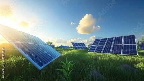 Solar panels on a grassy field at sunrise. photo