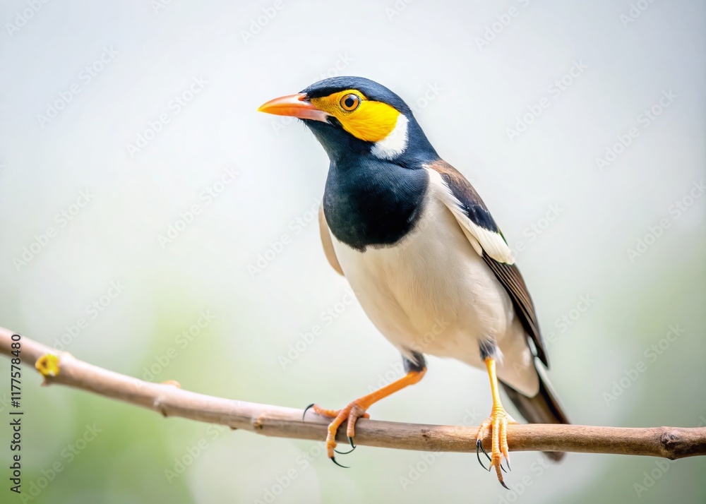 Fototapeta premium Minimalist Pied Myna Bird Photography: Clean Background, Sharp Focus