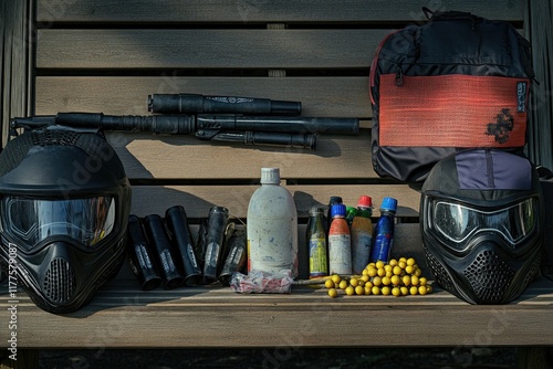 creative shot of paintball equipment including markers masks and paintballs neatly arranged on wooden bench photo