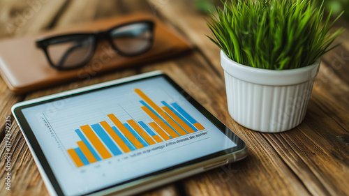 Business Data Analysis: A close-up shot of a tablet displaying a bar graph on a wooden desk with a potted plant, a notebook, and glasses. The image evokes a sense of productivity and focus.   photo