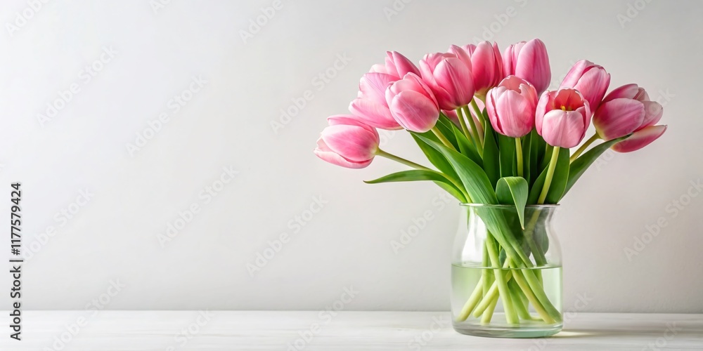Fototapeta premium Minimalist Pink Tulips in Vase - Simple White Background Stock Photo