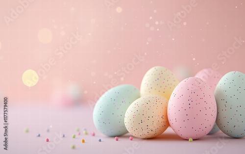 Softly glowing pastel Easter eggs on a light baby pink background
