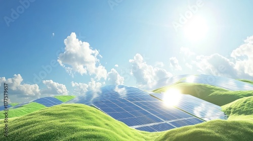 Solar panels on rolling hills under a bright sky. photo