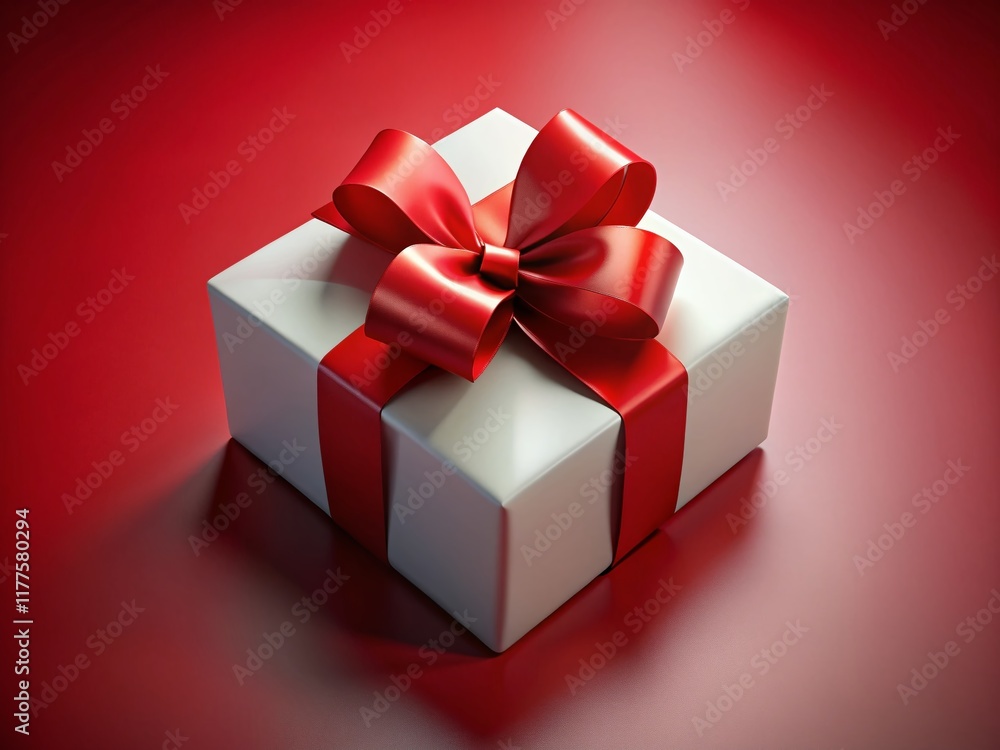 Obraz premium Minimalist Red Bow Gift Box: Elegant Red & White 3D Render for Holiday, Birthday, or Anniversary