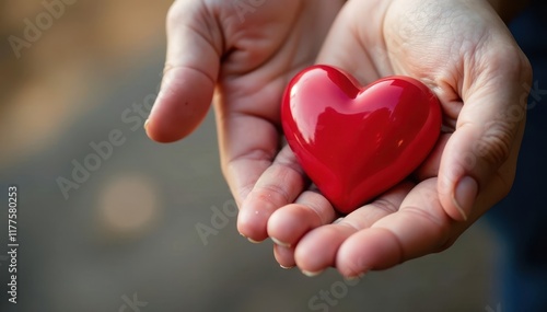 Close-up of delicate hands holding a life-saving red heart , love, blood drive