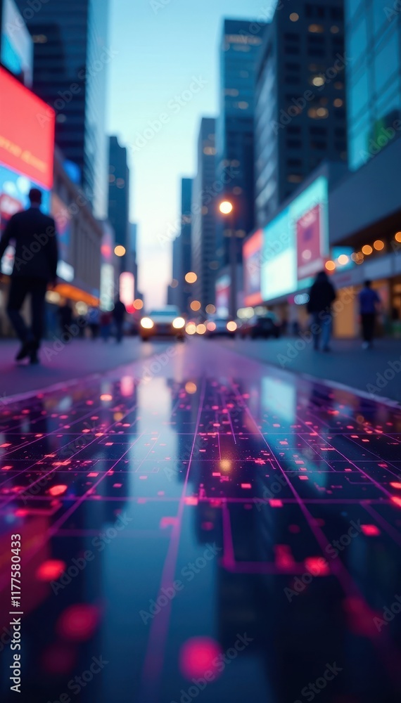 Abstract digital interface on blurred city backdrop, abstract, data Abstract digital interface on blurred city backdrop, abstract, data