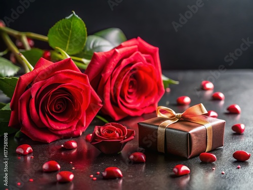 Minimalist Red Roses & Gift Box with Candies on Black Background - Elegant Valentine's Day Stock Photo
