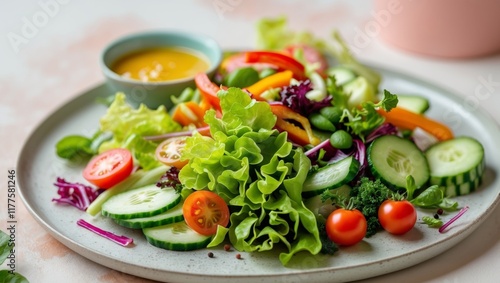 Colorful and Healthy Vegetable Plate with Assorted Salad Ingredients and Sauce on Neutral Background. photo