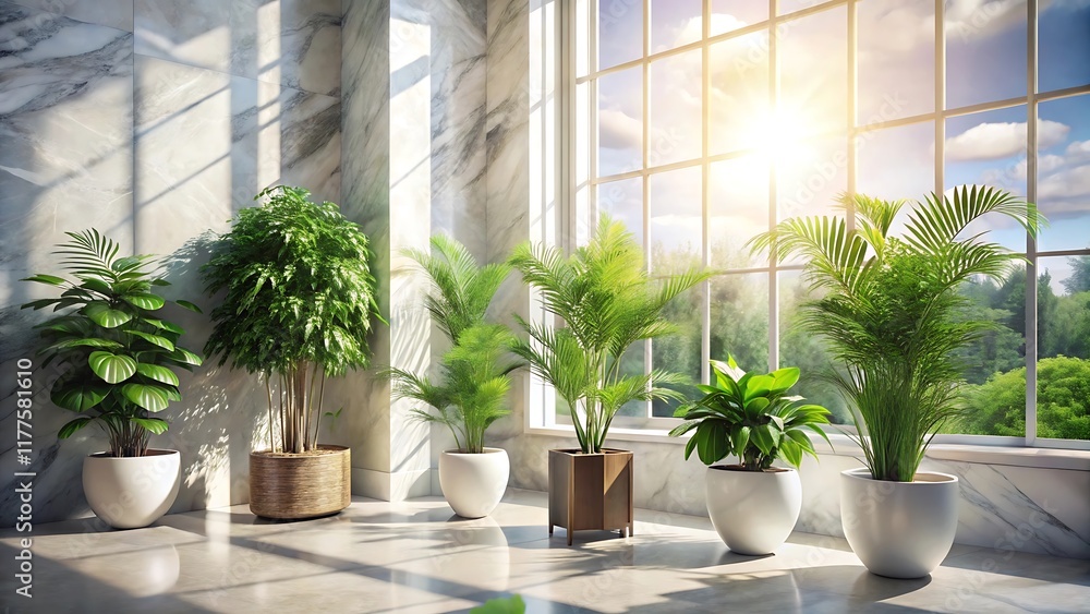 Fototapeta premium Vibrant Indoor Plants on White Marble Surface with Sunlit Elegance and Modern Natural Decor Inspiration 