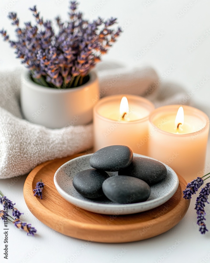 A tranquil spa setup with lit candles, smooth stones, and a bowl of lavender A tranquil spa setup with lit candles, smooth stones, and a bowl of lavender