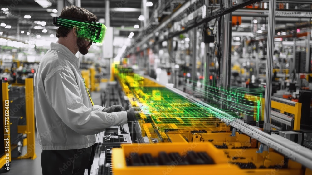Fototapeta premium Engineer wearing an augmented reality headset interacts with holographic schematics and data, optimizing manufacturing processes on an assembly line in a modern factory