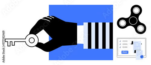 Hand gripping vintage key, modern fidget spinner, and digital payment form with blue and black color scheme. Ideal for finance, security, technology integration, digital access, online transactions