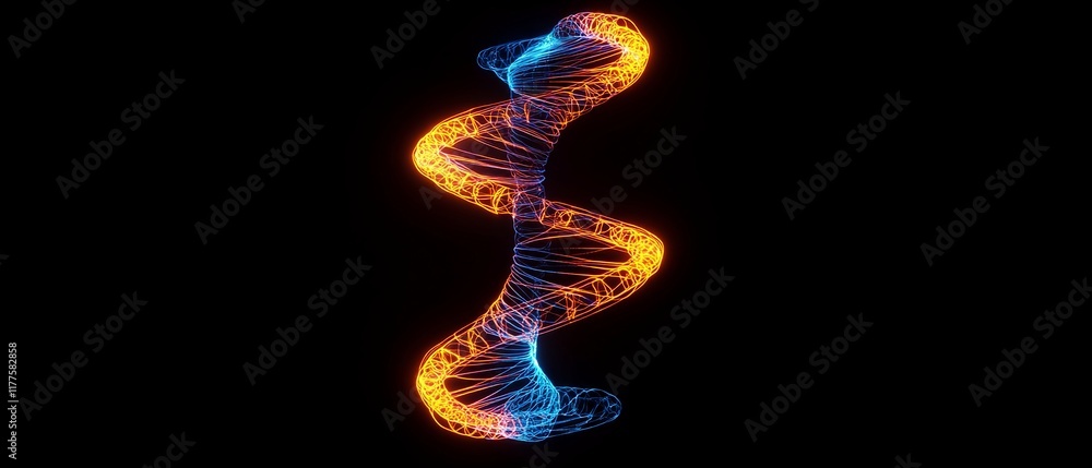 Obraz premium A dynamic hologram of DNA strand with vibrant blue and orange colors, showcasing intricate details and modern design