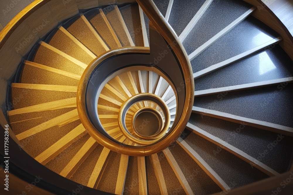 Fototapeta premium dramatic perspective of spiral staircase viewed from above with contrasting light and shadow creating depth