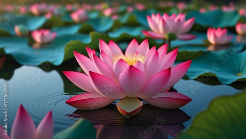 Serene Pink Lotus Flowers Floating on a Tranquil Pond