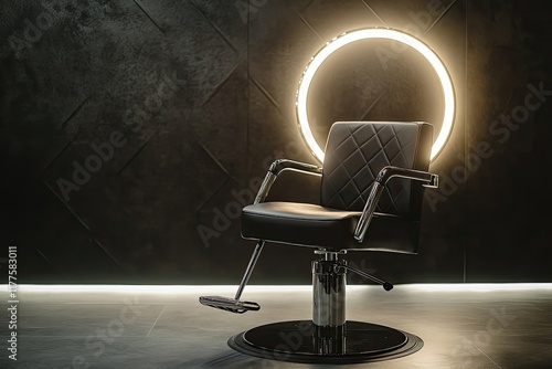 dramatic photo of luxury salon chair positioned under glowing ring light with sleek and modern backdrop photo