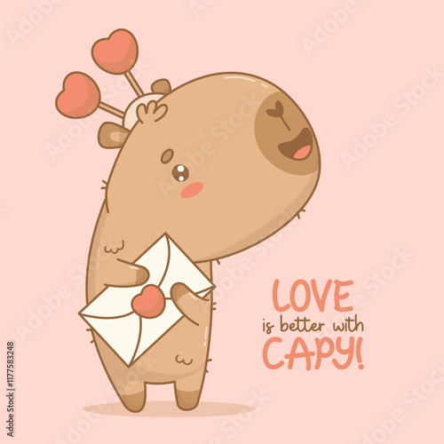 Adorable cartoon capybara holding love letter with heart. Cute romantic enamored kawaii character animal. Vector illustration. Holiday Valentine cool card.