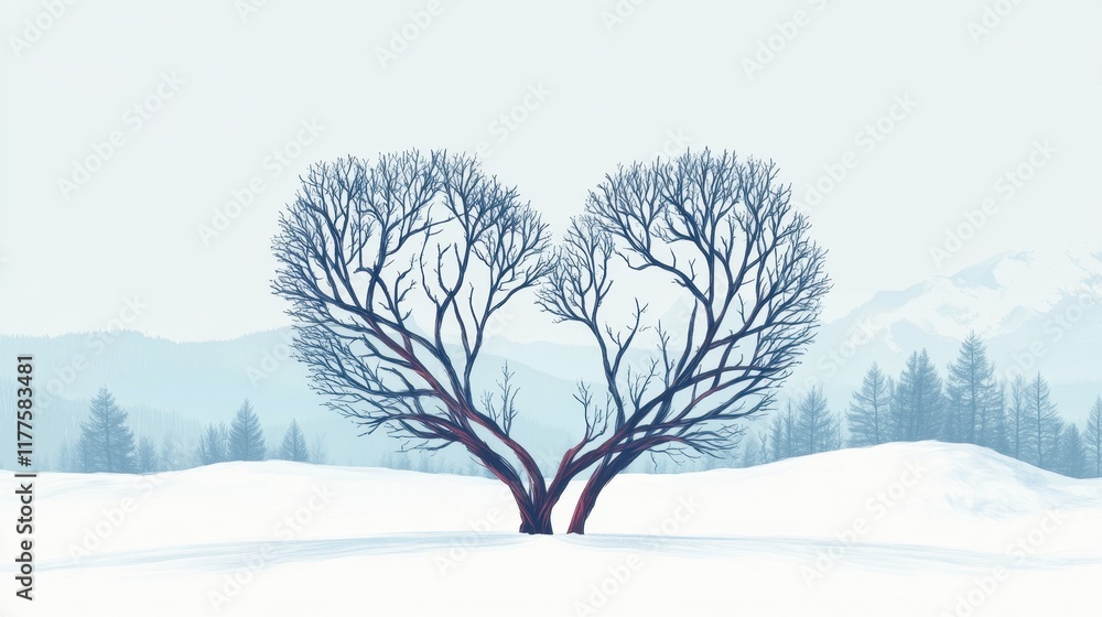 Fototapeta premium Two bare trees form a heart shape in a snowy landscape