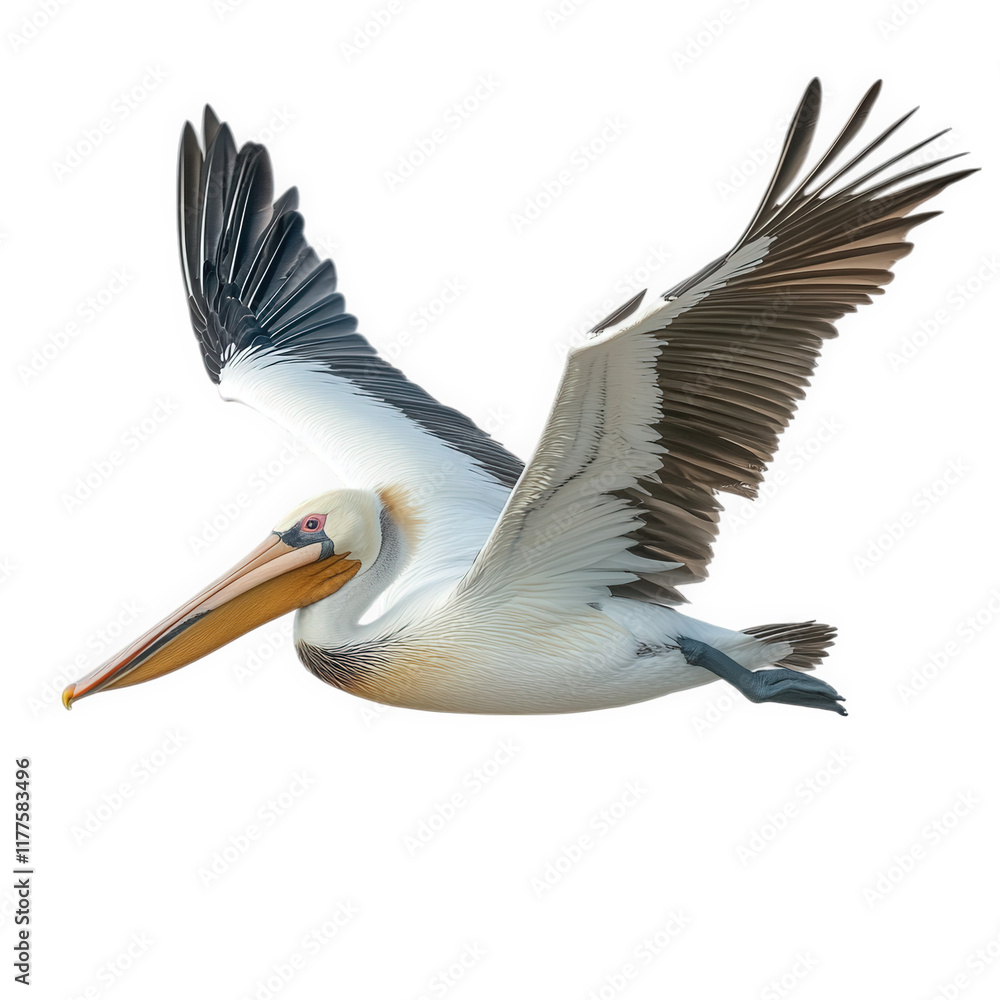 Fototapeta premium a pelican in mid-flight. showcasing its large wingspan and distinctive long beak the bird is rendered in a stylized manner. emphasizing its graceful movement against a plain background this representa