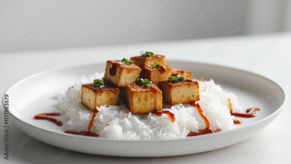 Crispy Tofu Cubes Served Over Rice With Sauce. Crispy Tofu Cubes Served Over Rice With Sauce.