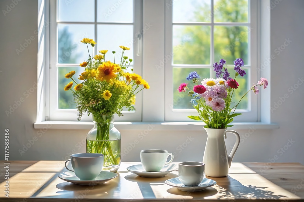 Minimalist Table Setting: Two Cups, Glasses & Flowers by Window Minimalist Table Setting: Two Cups, Glasses & Flowers by Window