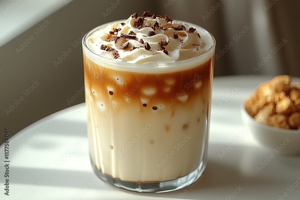 Iced coffee with whipped cream and chocolate shavings. Perfect for a sunny afternoon. Iced coffee with whipped cream and chocolate shavings. Perfect for a sunny afternoon.