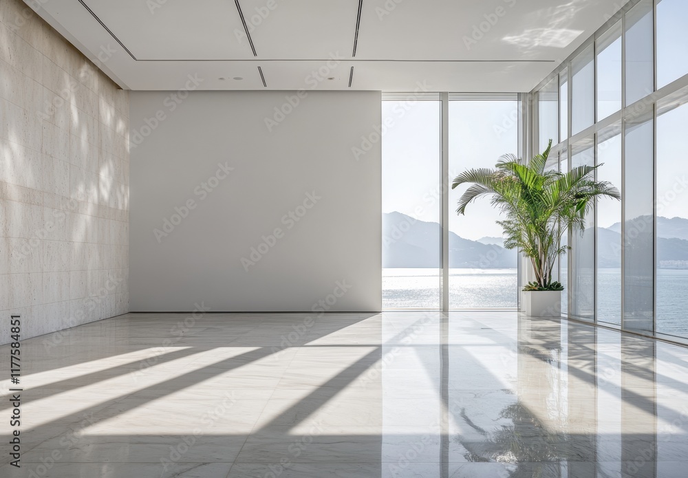 Obraz premium A large, bright white room with high ceilings and columns, a white marble floor, and large windows